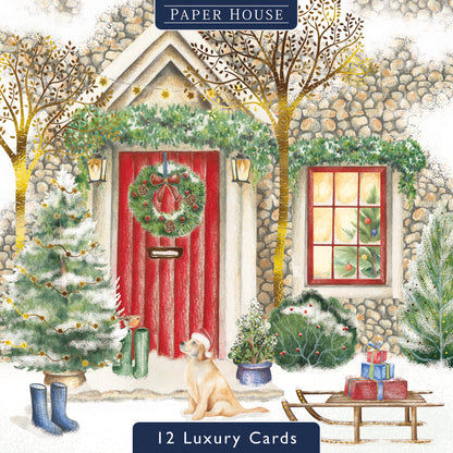 Box Of 12 Paper House Puppy Dog Xmas Post Christmas Cards In 3 Designs