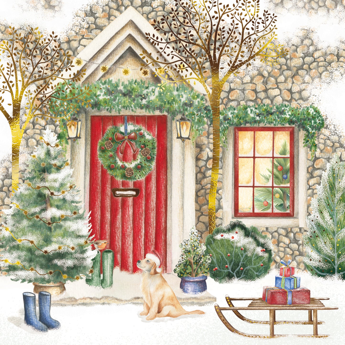 Box Of 12 Paper House Puppy Dog Xmas Post Christmas Cards In 3 Designs