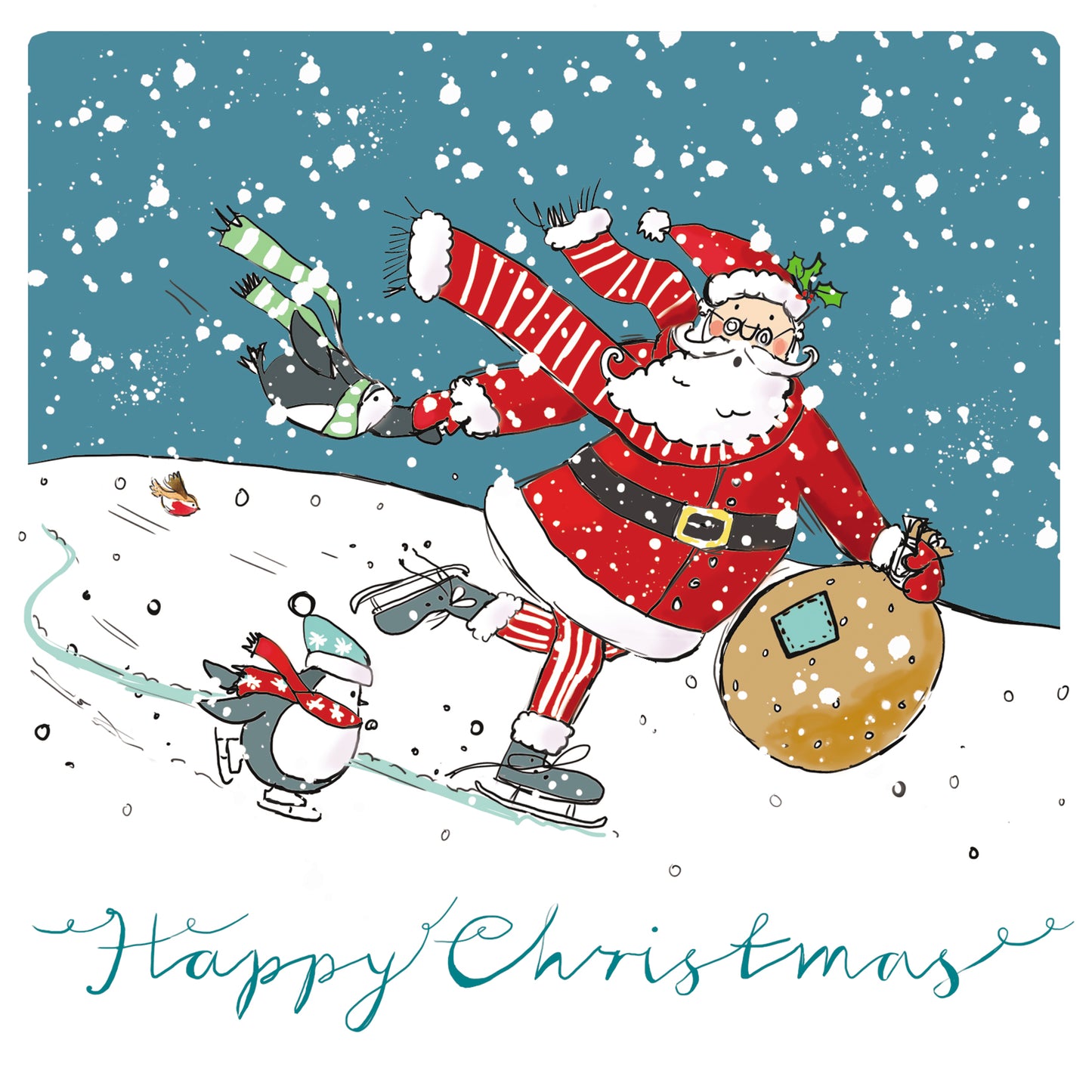 Box of 12 Paper House Skating Santa Christmas Cards