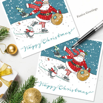 Box of 12 Paper House Skating Santa Christmas Cards