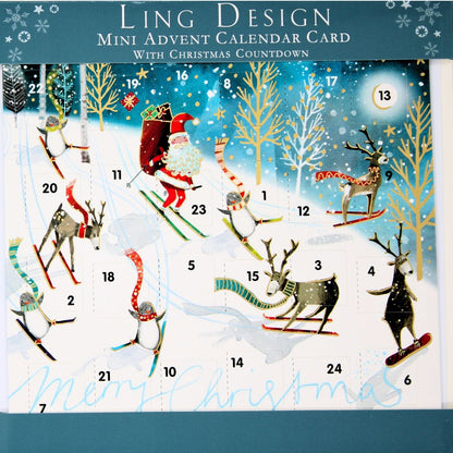 Advent Christmas Card Santa Reindeers Skiing Calendar Xmas Countdown Card