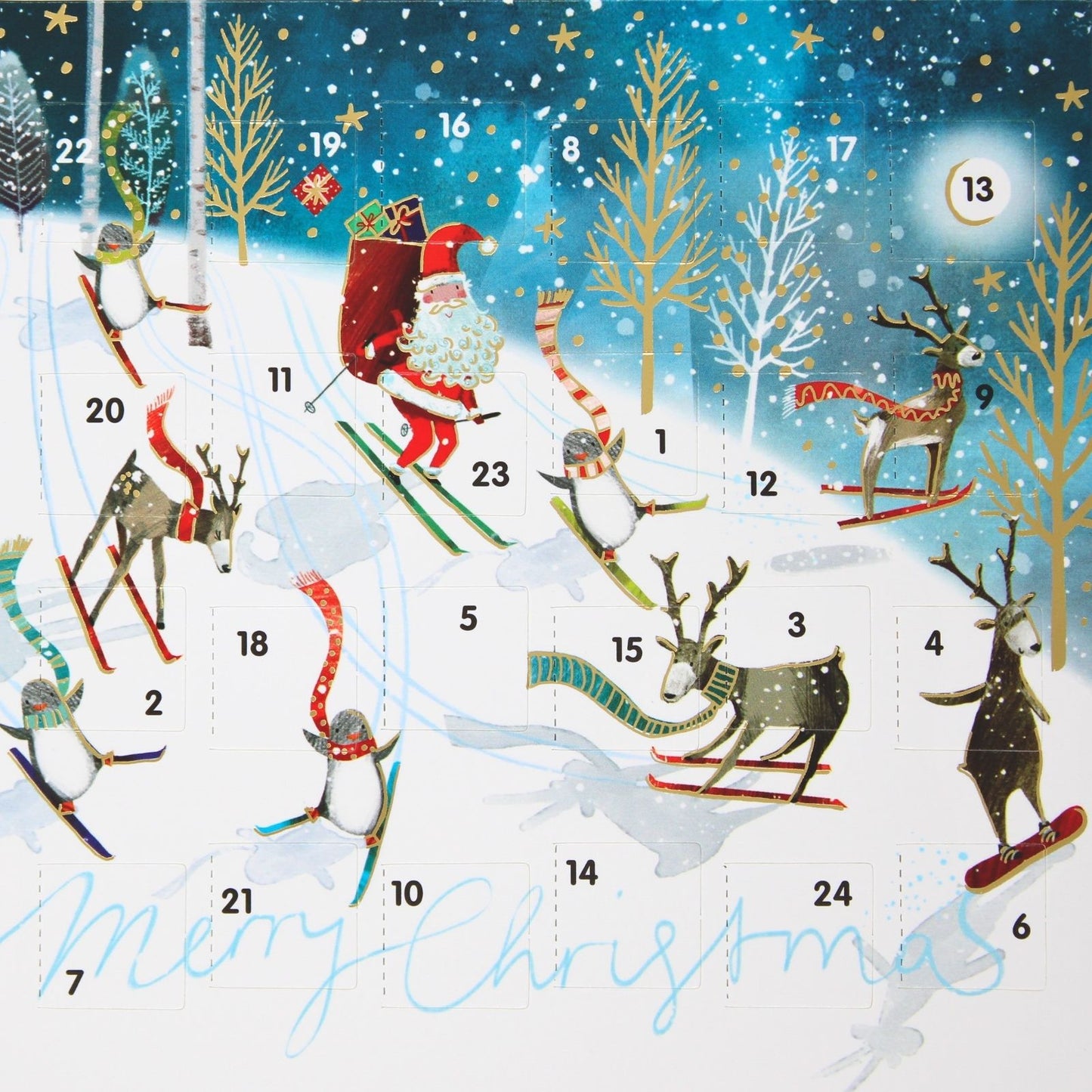 Advent Christmas Card Santa Reindeers Skiing Calendar Xmas Countdown Card