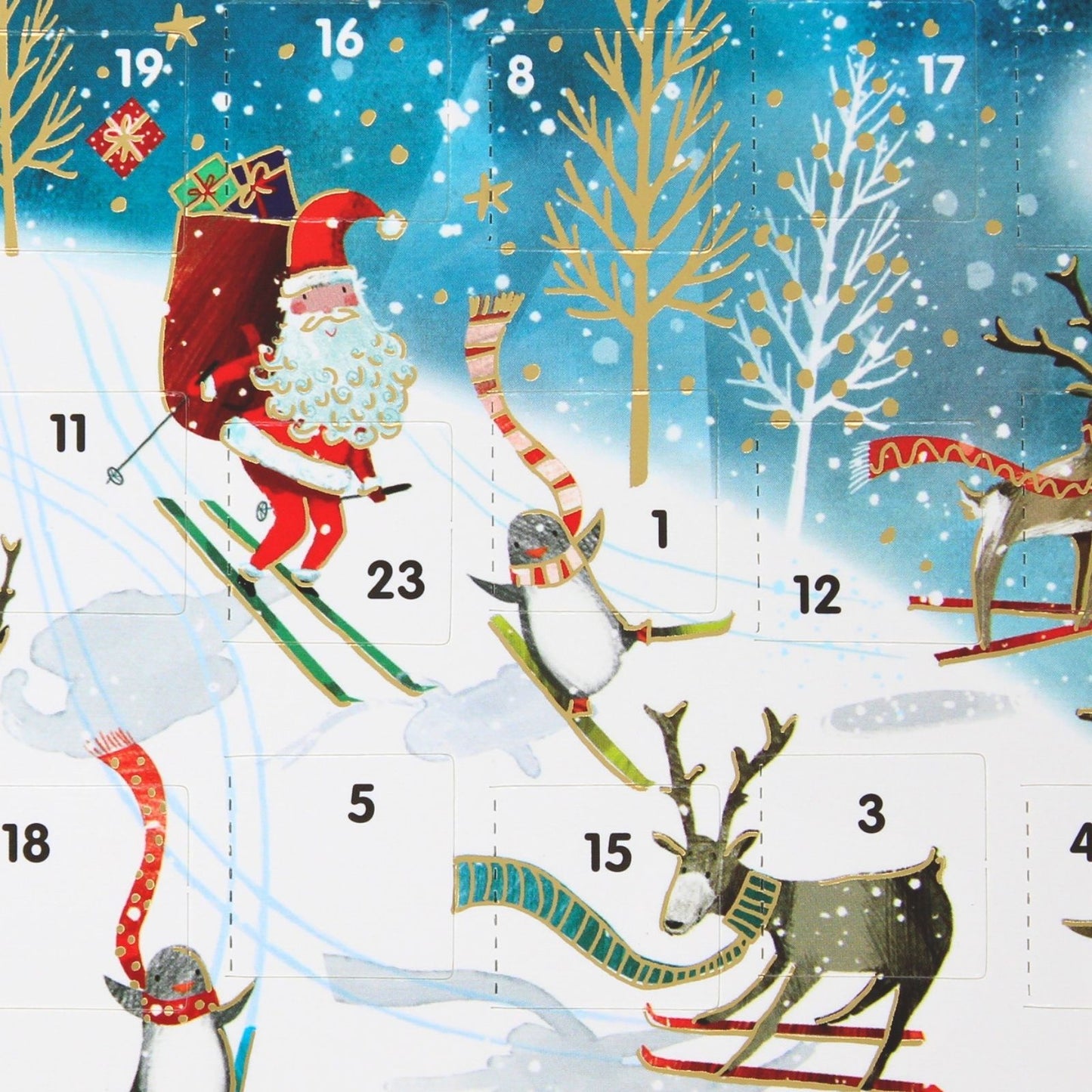Advent Christmas Card Santa Reindeers Skiing Calendar Xmas Countdown Card