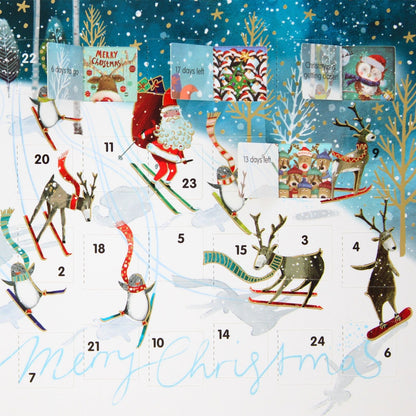 Advent Christmas Card Santa Reindeers Skiing Calendar Xmas Countdown Card