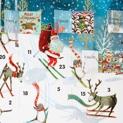 Advent Christmas Card Santa Reindeers Skiing Calendar Xmas Countdown Card