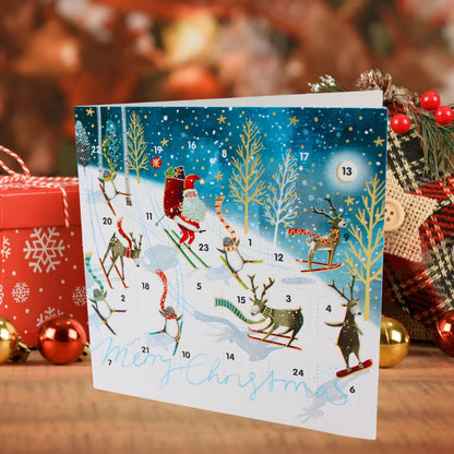 Advent Christmas Card Santa Reindeers Skiing Calendar Xmas Countdown Card