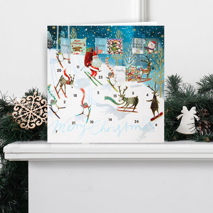 Advent Christmas Card Santa Reindeers Skiing Calendar Xmas Countdown Card