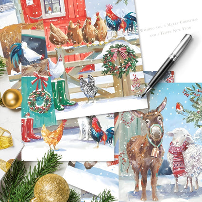 Box of 24 Christmas Cards Farmyard Fun Farm Animals Xmas Cards In 6 Designs