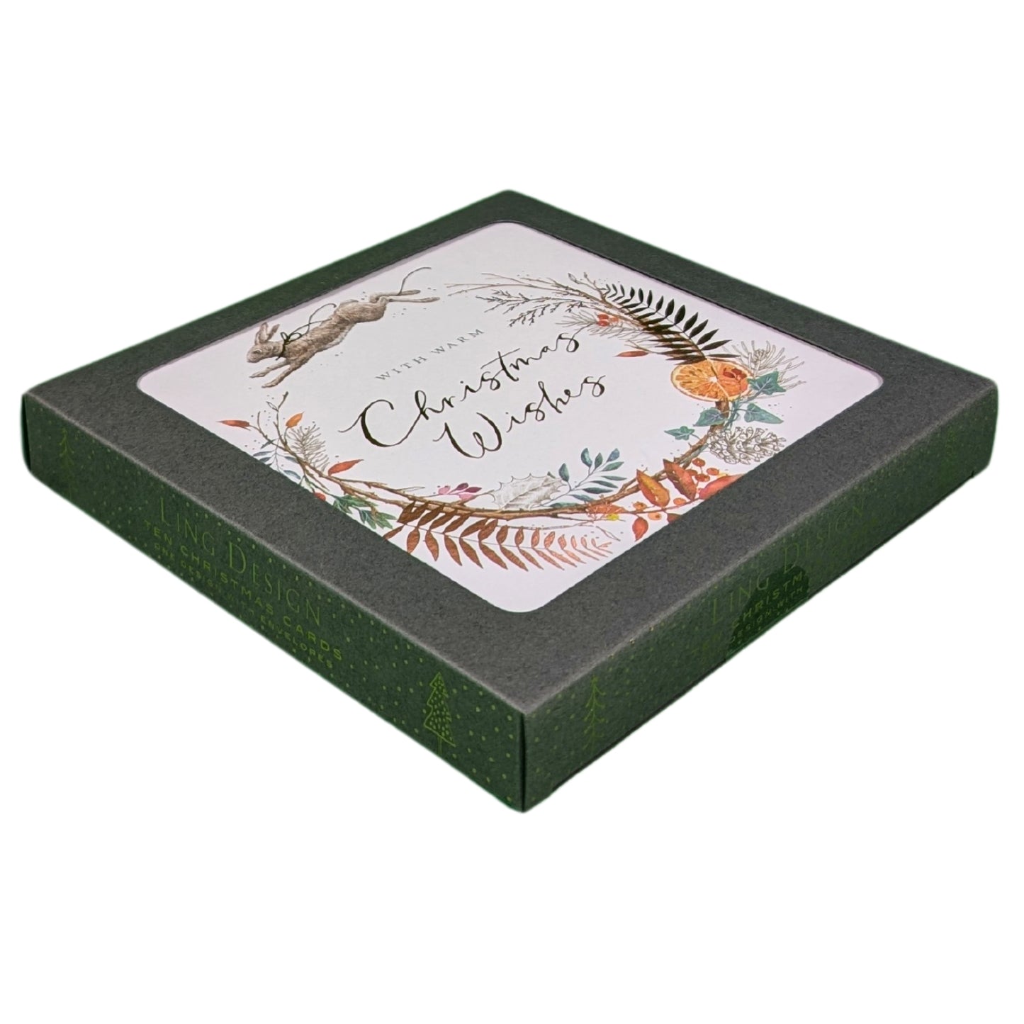 Box of 10 Winter Wreath & Hare Gold Foiled Christmas Cards
