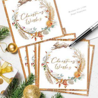 Box of 10 Winter Wreath & Hare Gold Foiled Christmas Cards