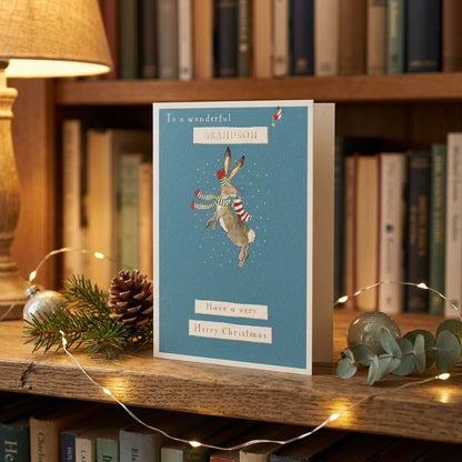 To A Wonderful Grandson Happy Hare Foiled Christmas Greeting Card