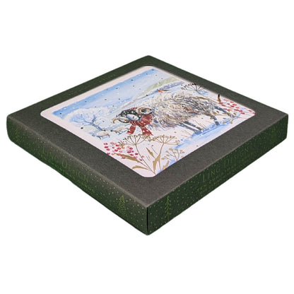 Box of 10 Festive Ram & Robin Gold Foiled Christmas Cards