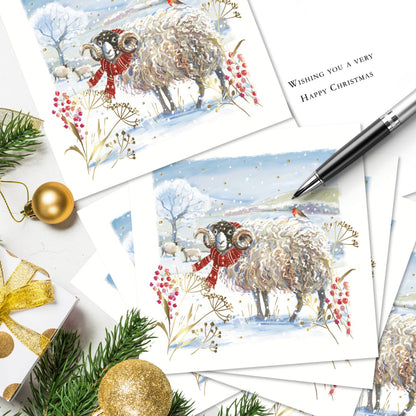 Box of 10 Festive Ram & Robin Gold Foiled Christmas Cards