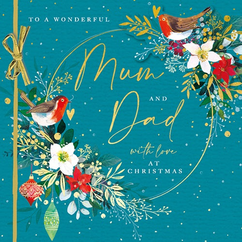 Deluxe Embellished Mum & Dad Floral Robins Hand-Finished Christmas Card