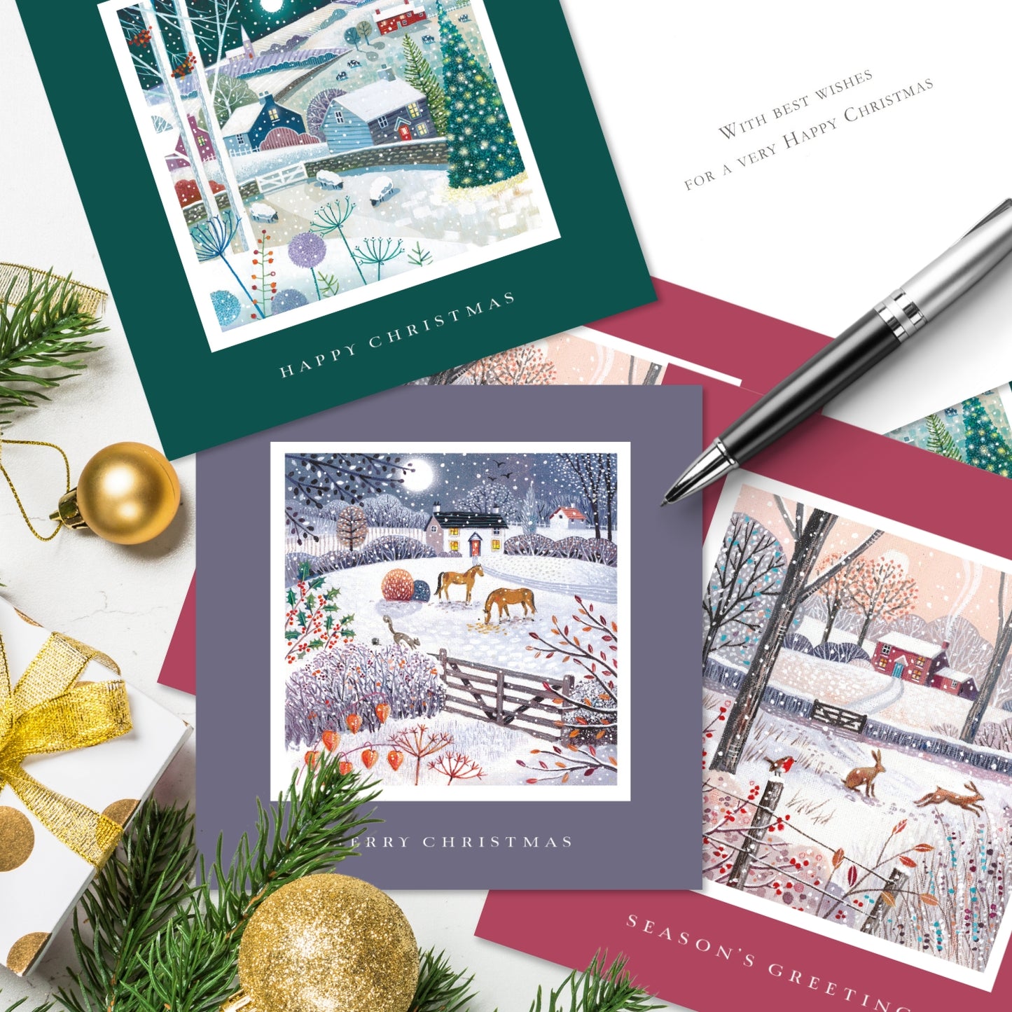 Box of 12 Assorted Countryside Scenes Square Christmas Cards