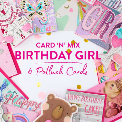 CARD 'N' MIX Birthday Girl Assortment 6 Card Potluck Pick Cards for Birthdays