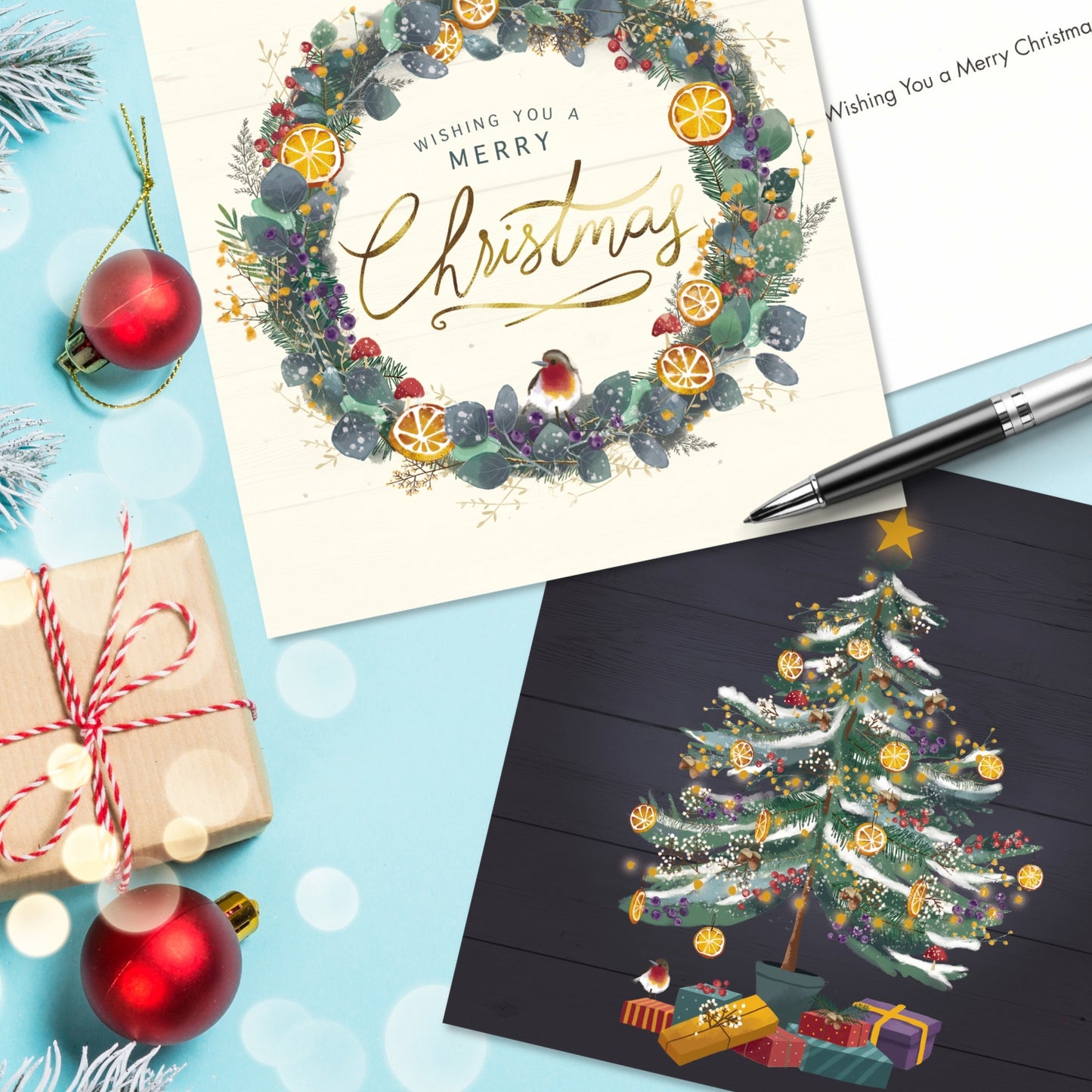 Box of 16 Almanac Christmas Tree & Wreath Artistic Christmas Cards