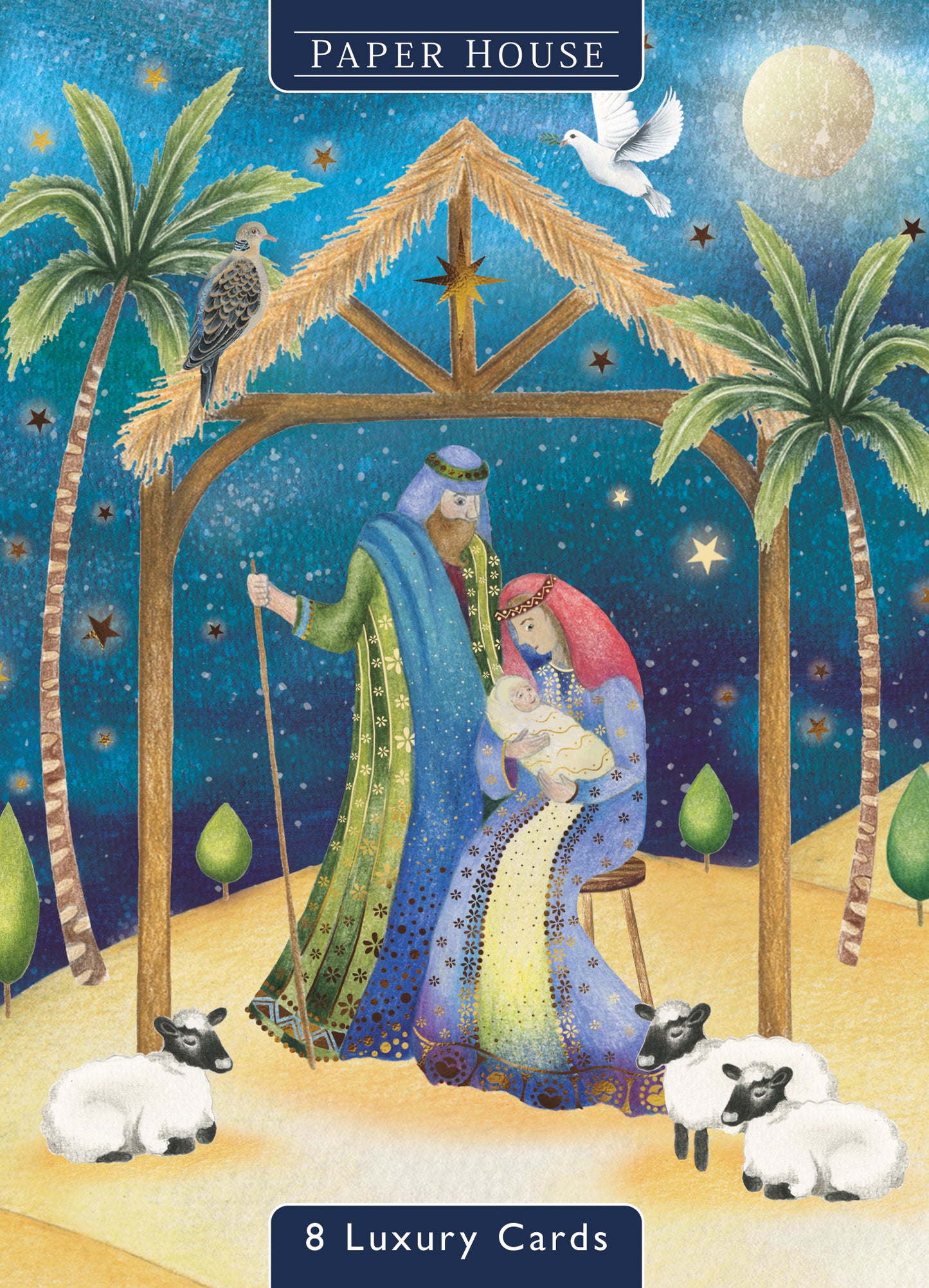 Box Of 8 Paper House Shiny Nativity Religious Christmas Cards In 2 Designs