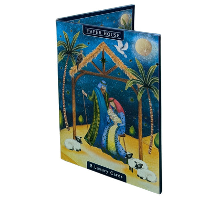 Box Of 8 Paper House Shiny Nativity Religious Christmas Cards In 2 Designs