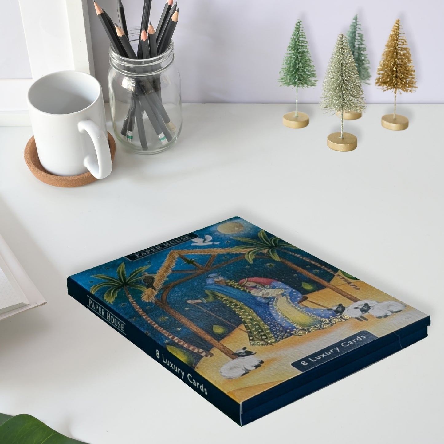 Box Of 8 Paper House Shiny Nativity Religious Christmas Cards In 2 Designs