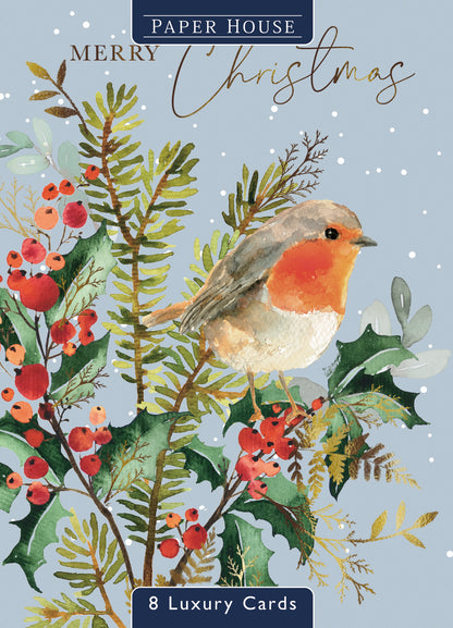 Box Of 8 Paper House Robin-Tastic Xmas Blooms Christmas Cards In 2 Designs