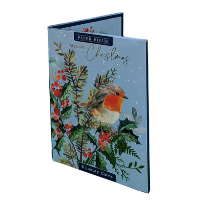 Box Of 8 Paper House Robin-Tastic Xmas Blooms Christmas Cards In 2 Designs