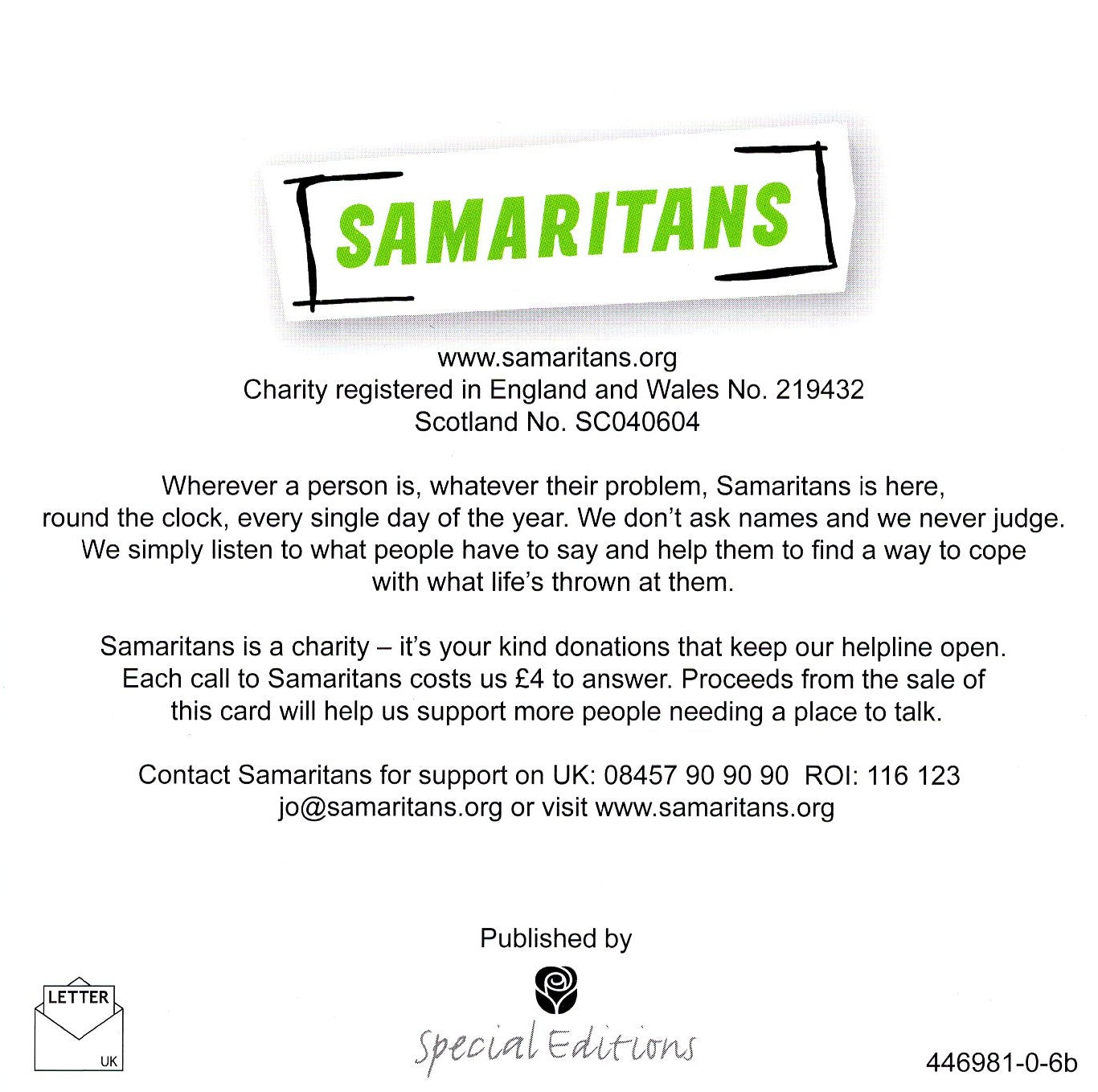 Pack of 6 Samaritans Charity Easter Greeting Cards In 2 Designs