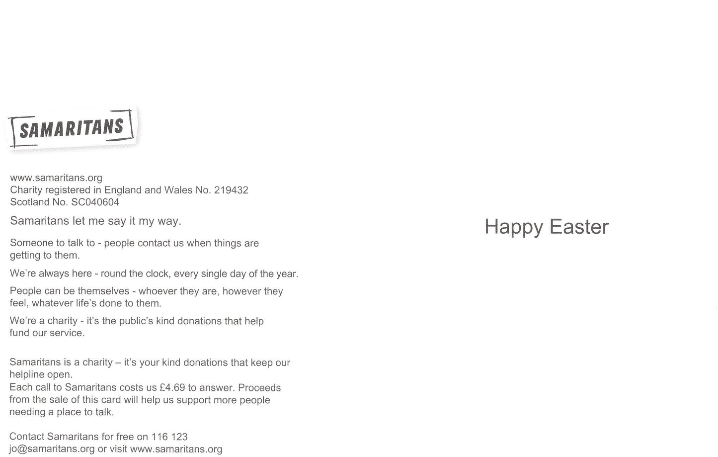 Pack of 6 Samaritans Charity Easter Greeting Cards