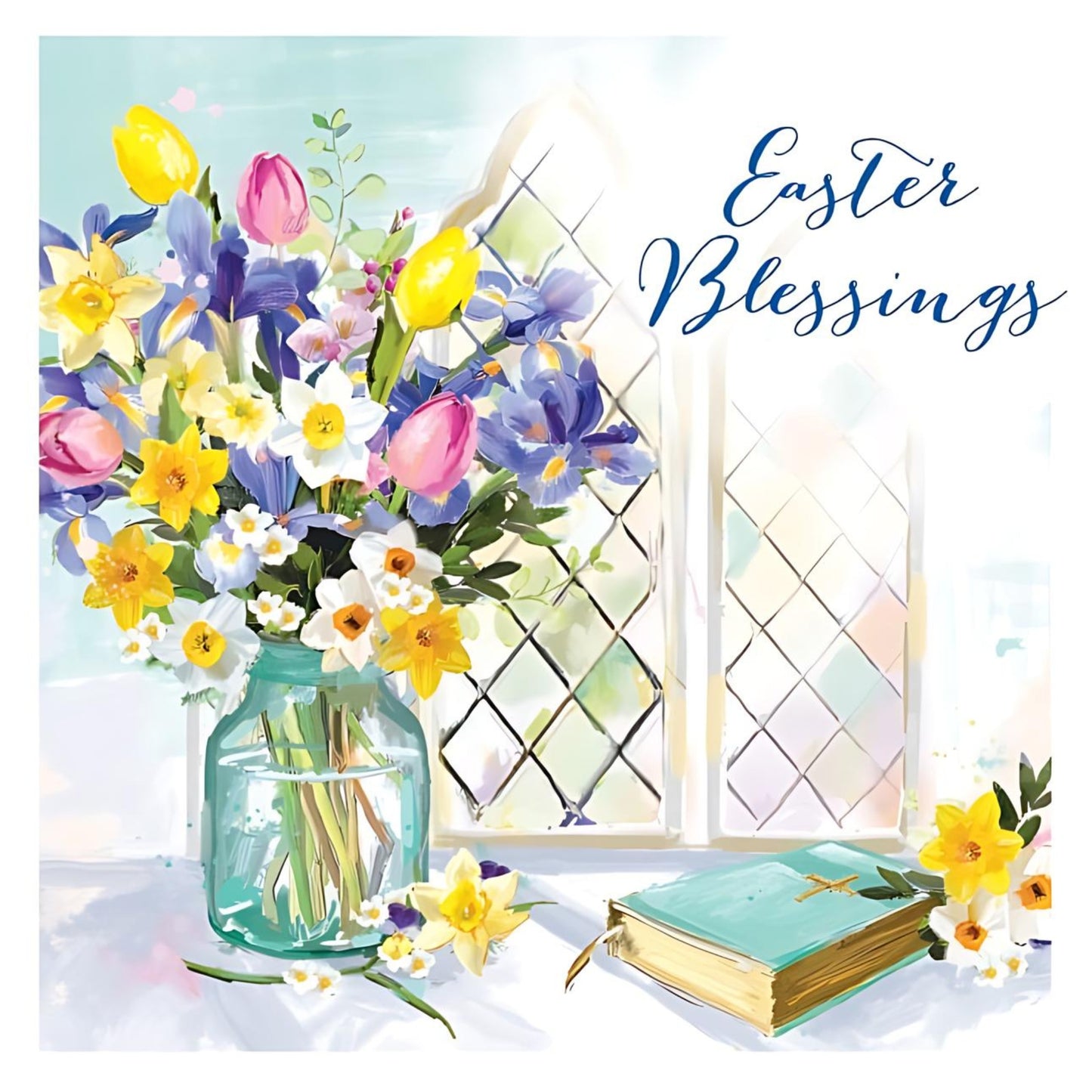 Easter Blessings Flowers & Bible By A Window Illustrated Easter Greeting Card