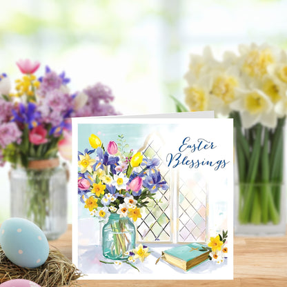 Easter Blessings Flowers & Bible By A Window Illustrated Easter Greeting Card