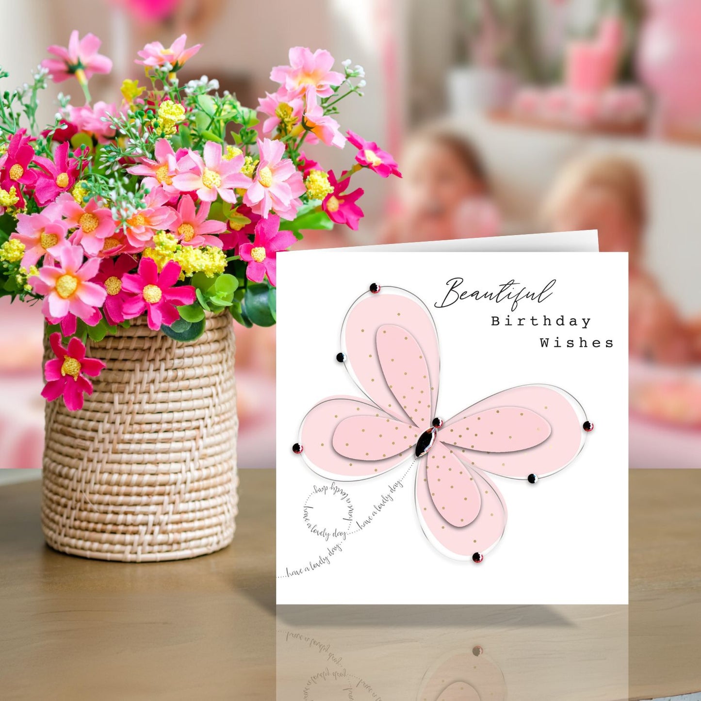 Beautiful Birthday Wishes Sparkly Flutter Fun! Birthday Hand-Finished Greeting Card