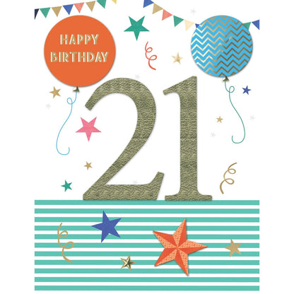 Large Embellished A4 21st Birthday Greeting Card Balloons & Stars 21 Today
