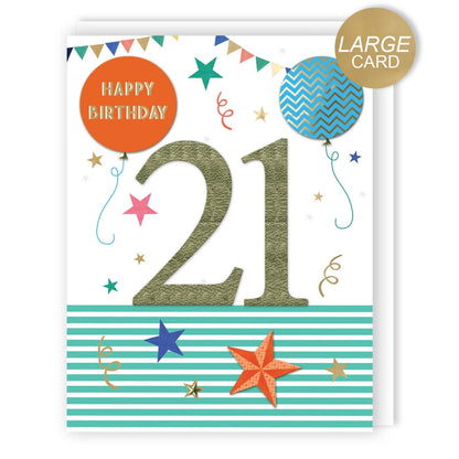 Large Embellished A4 21st Birthday Greeting Card Balloons & Stars 21 Today