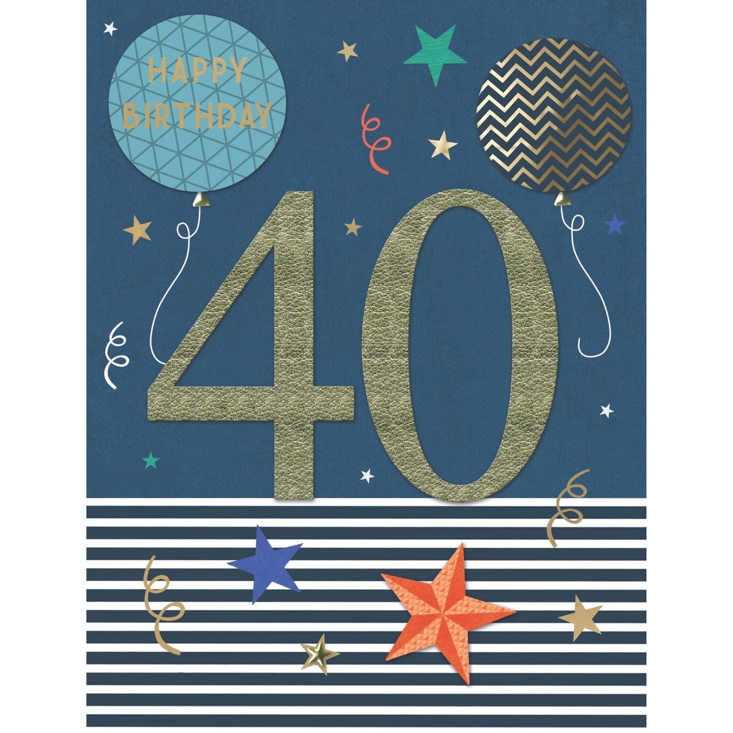 Large Embellished A4 40th Birthday Greeting Card Balloons & Stars 40 Today