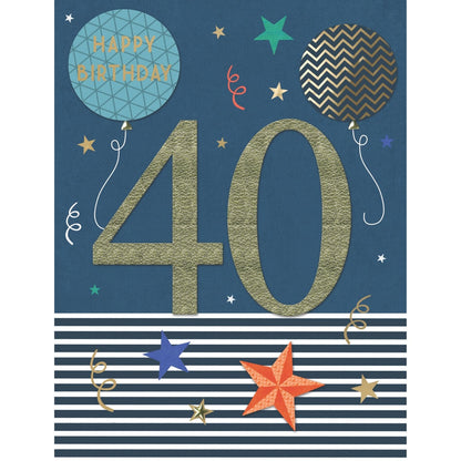 Large Embellished A4 40th Birthday Greeting Card Balloons & Stars 40 Today