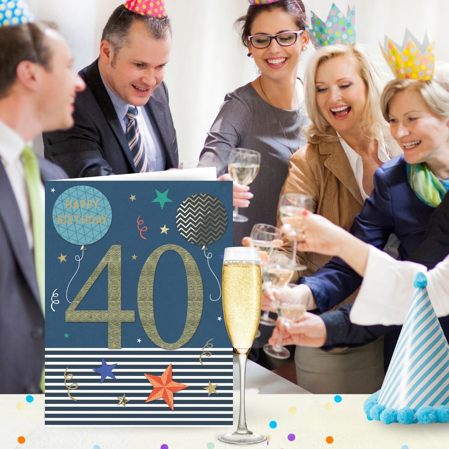 Large Embellished A4 40th Birthday Greeting Card Balloons & Stars 40 Today