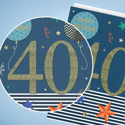 Large Embellished A4 40th Birthday Greeting Card Balloons & Stars 40 Today