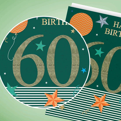 Large Embellished A4 60th Birthday Greeting Card Balloons & Stars 60 Today