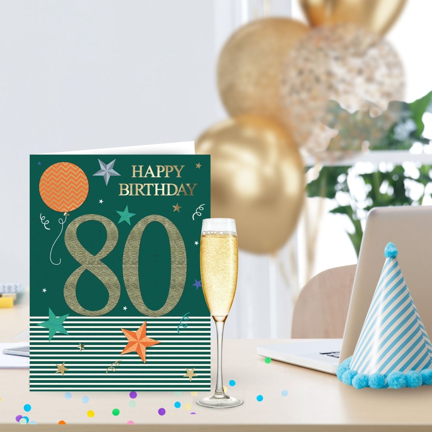 Large Embellished A4 80th Birthday Greeting Card Balloons & Stars 8- Today