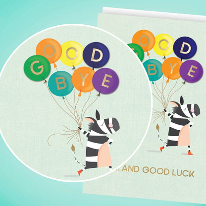 Large Embellished A4 Goodbye & Good Luck Greeting Card Zebra With Balloons