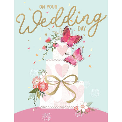 Large Embellished A4 On Your Wedding Day Greeting Card Cake With Butterflies