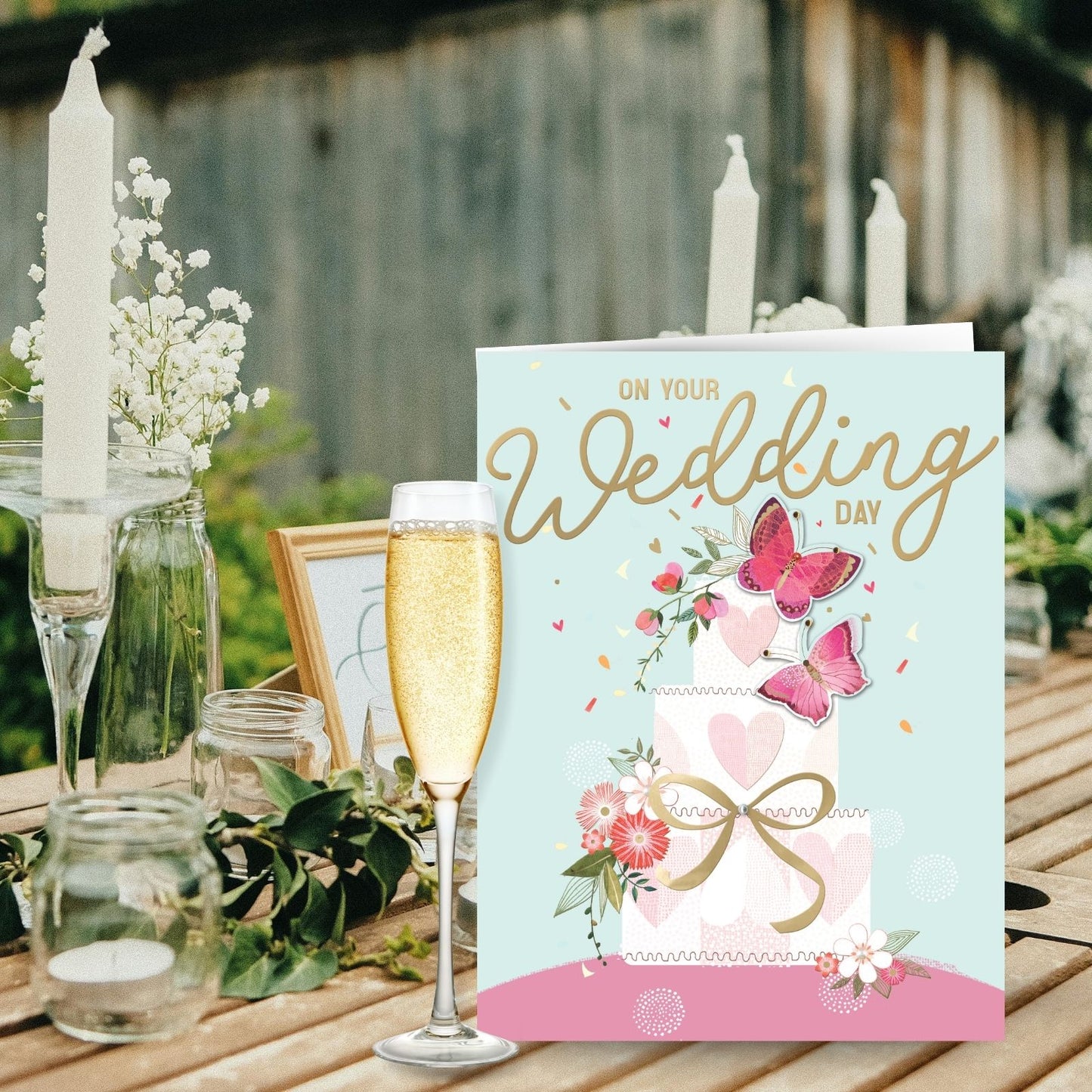 Large Embellished A4 On Your Wedding Day Greeting Card Cake With Butterflies