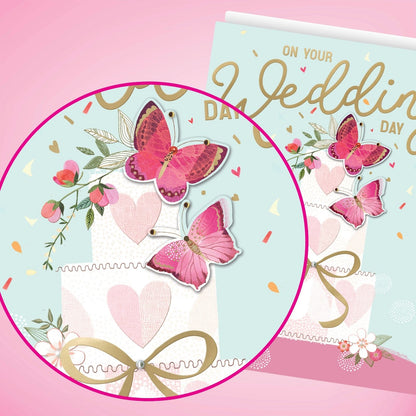 Large Embellished A4 On Your Wedding Day Greeting Card Cake With Butterflies