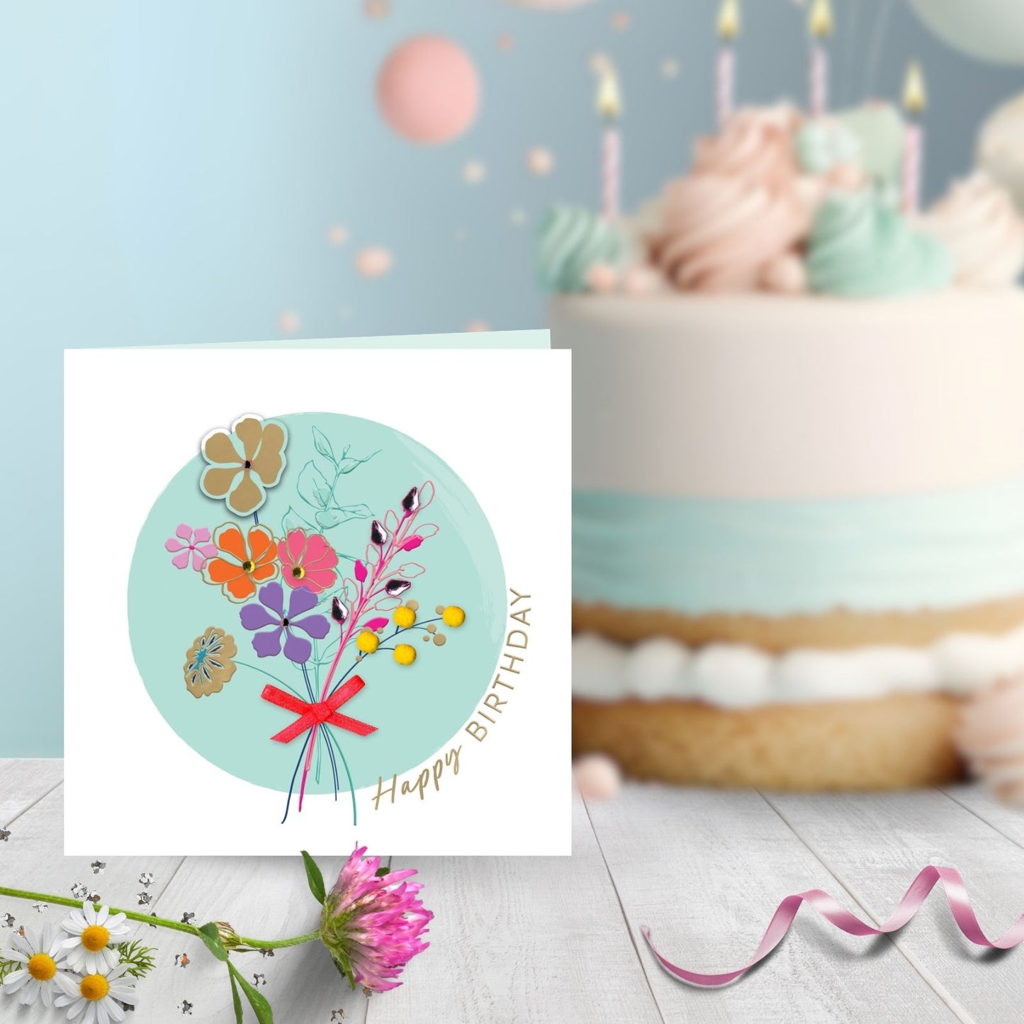 Bouquet Of Flowers Embellished Floral Ribbon Hand-Finished Birthday Card