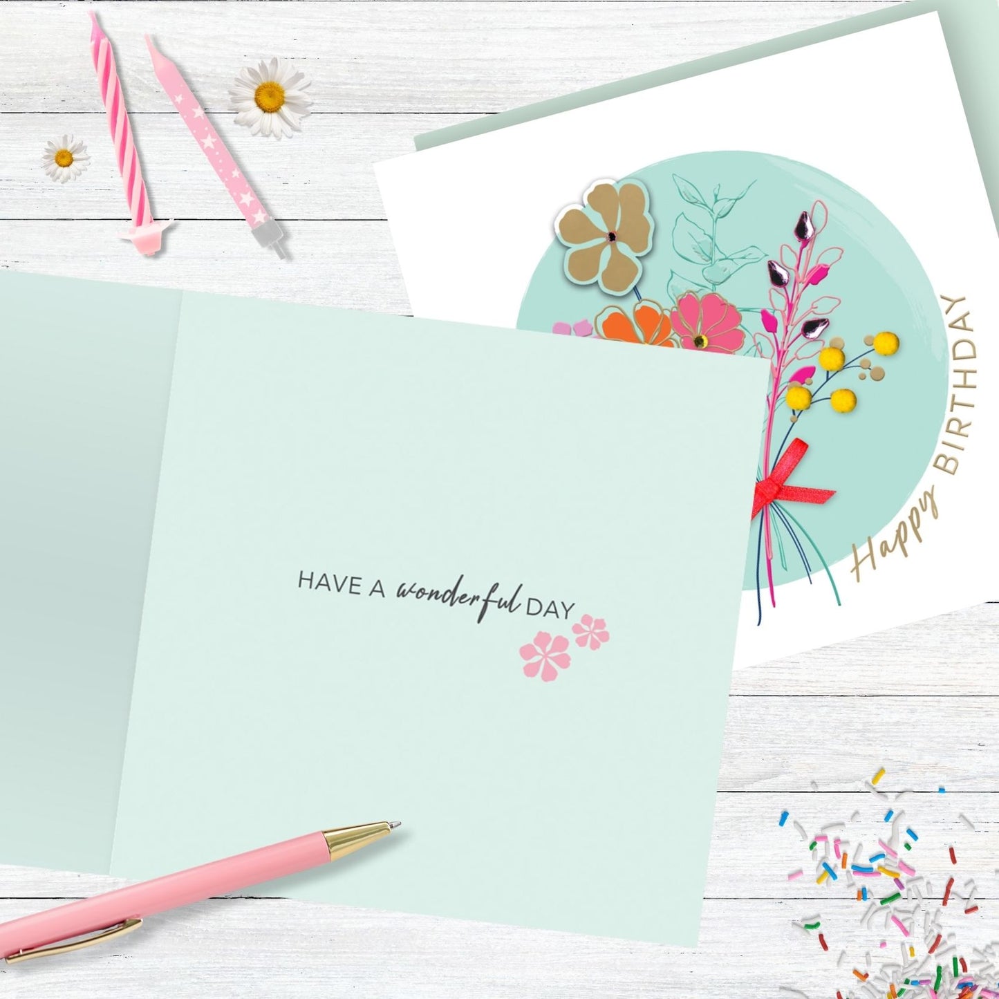 Bouquet Of Flowers Embellished Floral Ribbon Hand-Finished Birthday Card