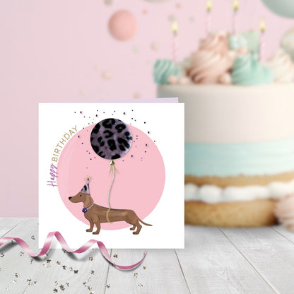 Happy Birthday Embellished Sausage Dog Balloon Hand-Finished Birthday Card