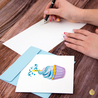 Quilling Blue Cupcake With Candle Make a Wish! Hand-Finished Art Greeting Card