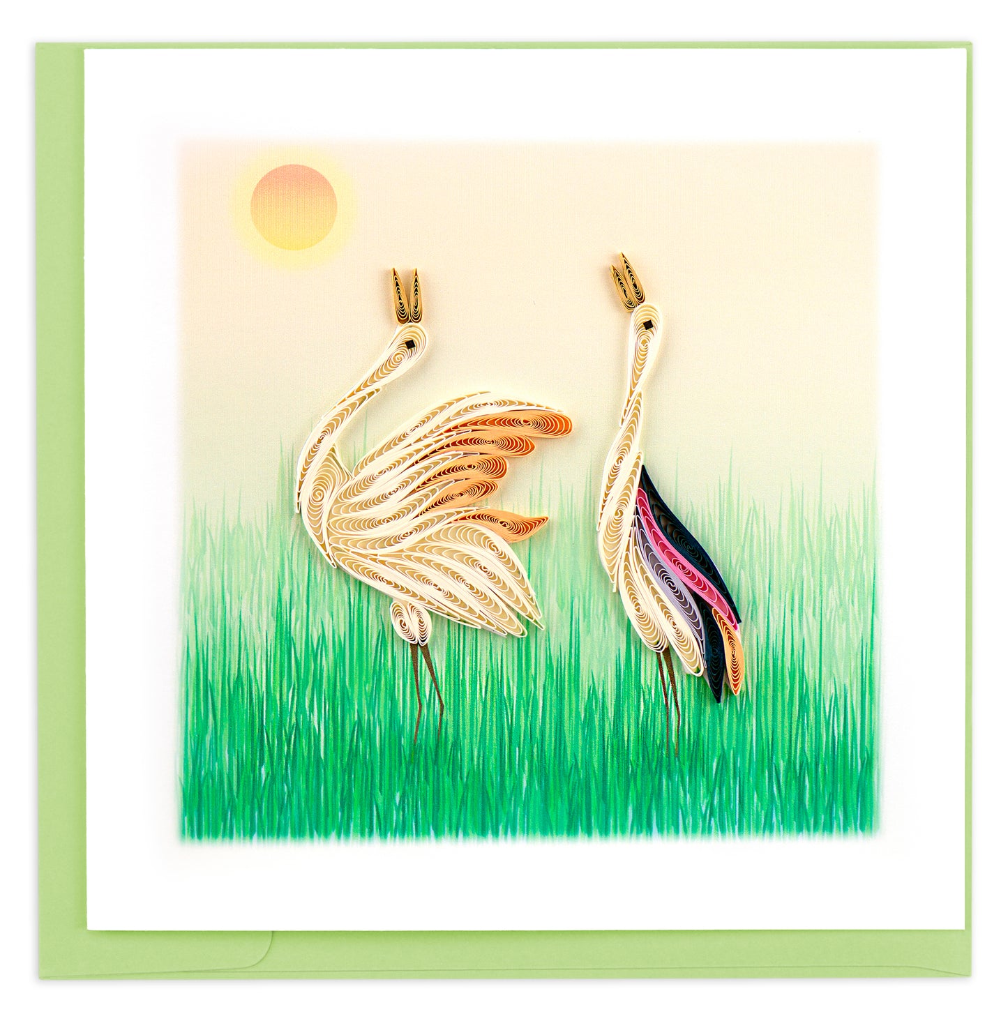 Quilling Two Cranes Sunset Landscape Hand-Finished Art Greeting Card
