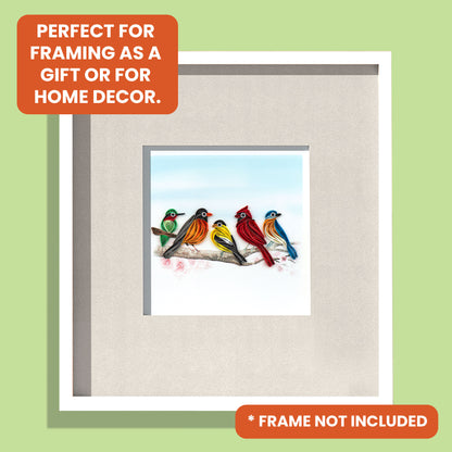 Quilling Five Colourful Perched Songbirds Birdy Band Hand-Finished Greeting Card
