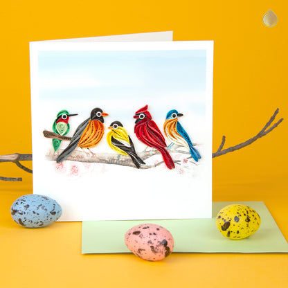Quilling Five Colourful Perched Songbirds Birdy Band Hand-Finished Greeting Card